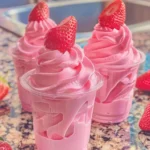 Creamy strawberry Dole Whip served in bowl with toppings