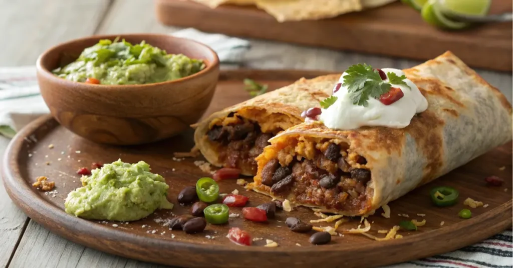 Crispy Mexican food chimichanga with beef and cheese close-up