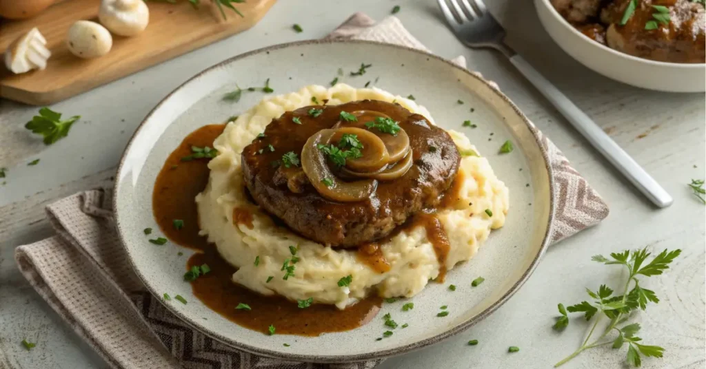 Easy Salisbury steak recipe with gravy on mashed potatoes