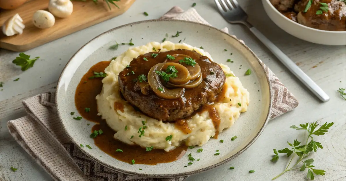 Easy Salisbury steak recipe with gravy on mashed potatoes