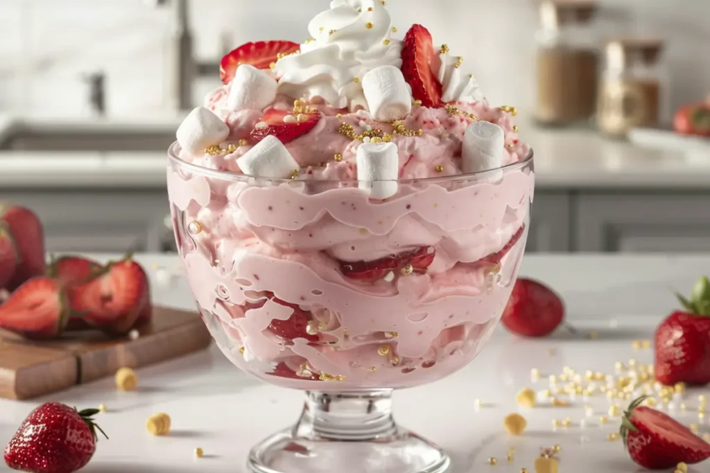 Easy Strawberry Fluff in a glass bowl topped with strawberries and marshmallows