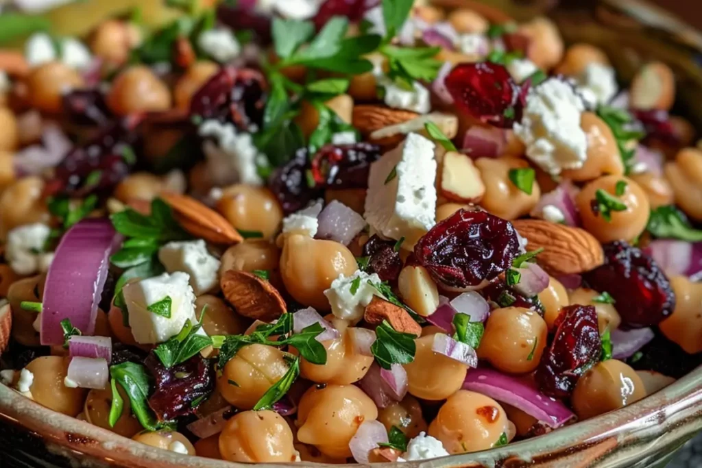 Feta and Cranberry Chickpeas with Lemon Vinaigrette in a white plate