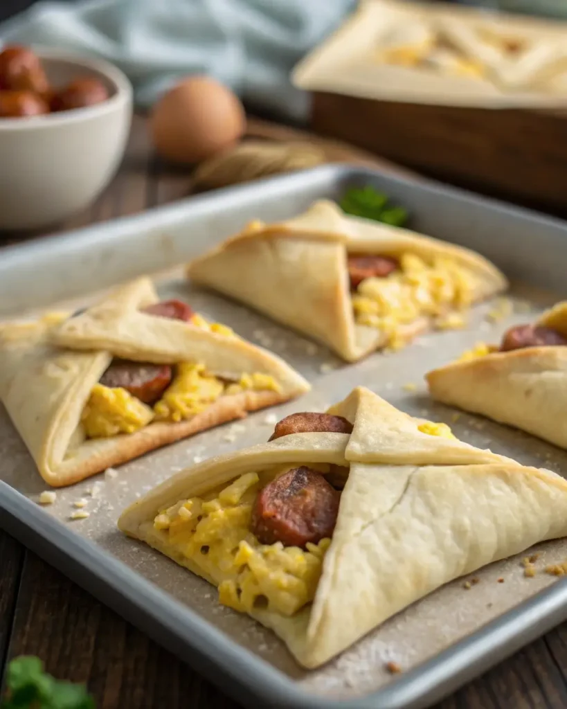 Filling sausage egg and cheese onto crescent dough