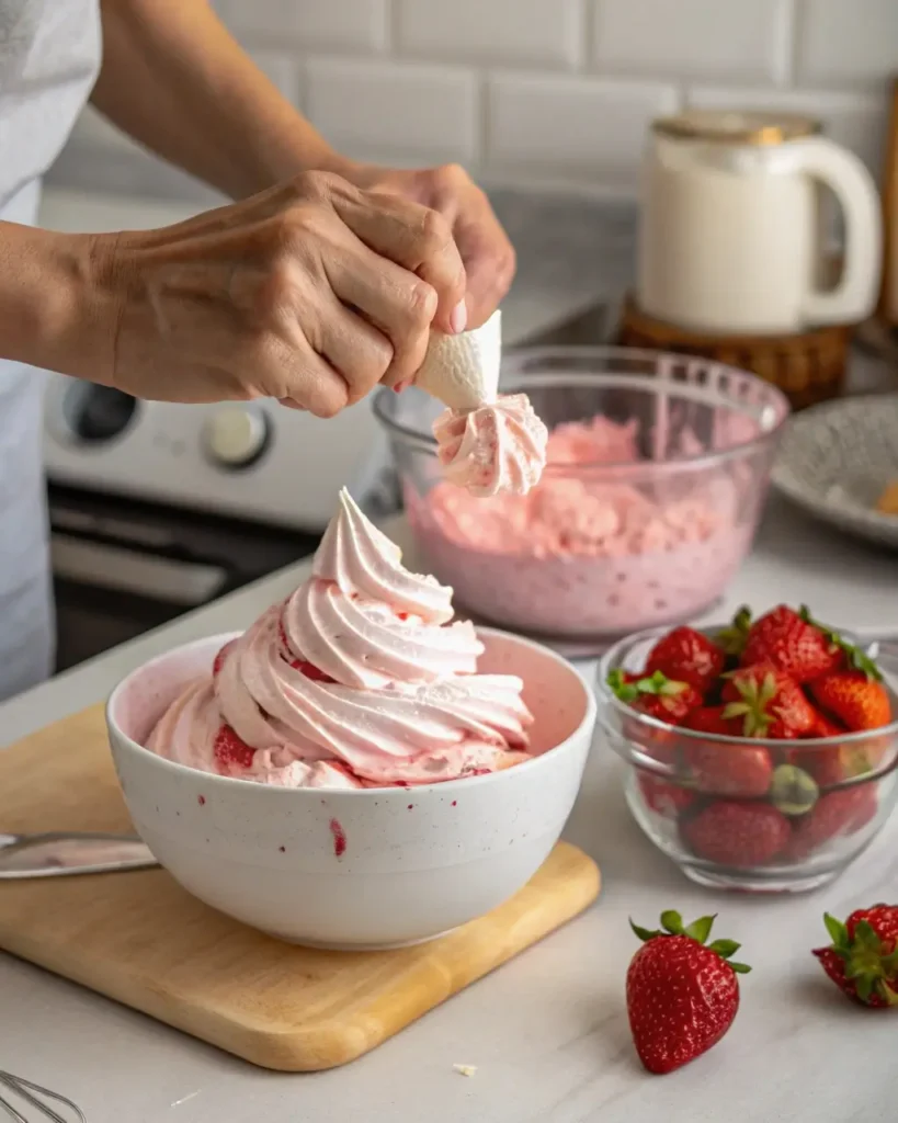 Folding whipped topping into Easy Strawberry Fluff mixture