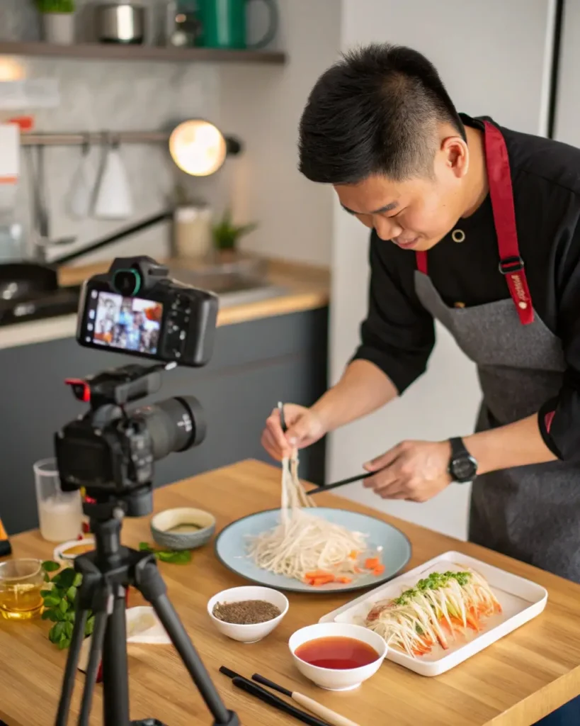 Food blogger recording ho fun noodles recipe for TikTok