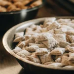 Freshly made muddy buddies coated in powdered sugar in a large bowl