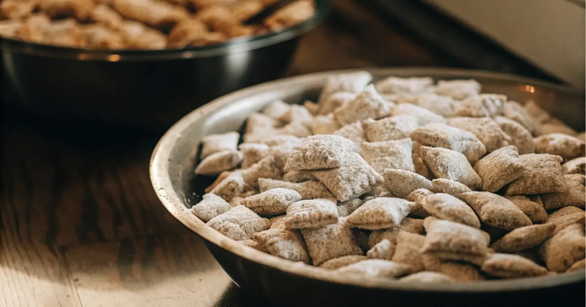 Freshly made muddy buddies coated in powdered sugar in a large bowl