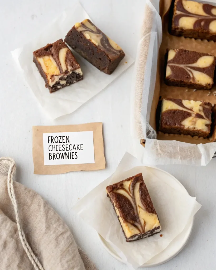 Frozen cheesecake brownies wrapped and labeled for freezer storage