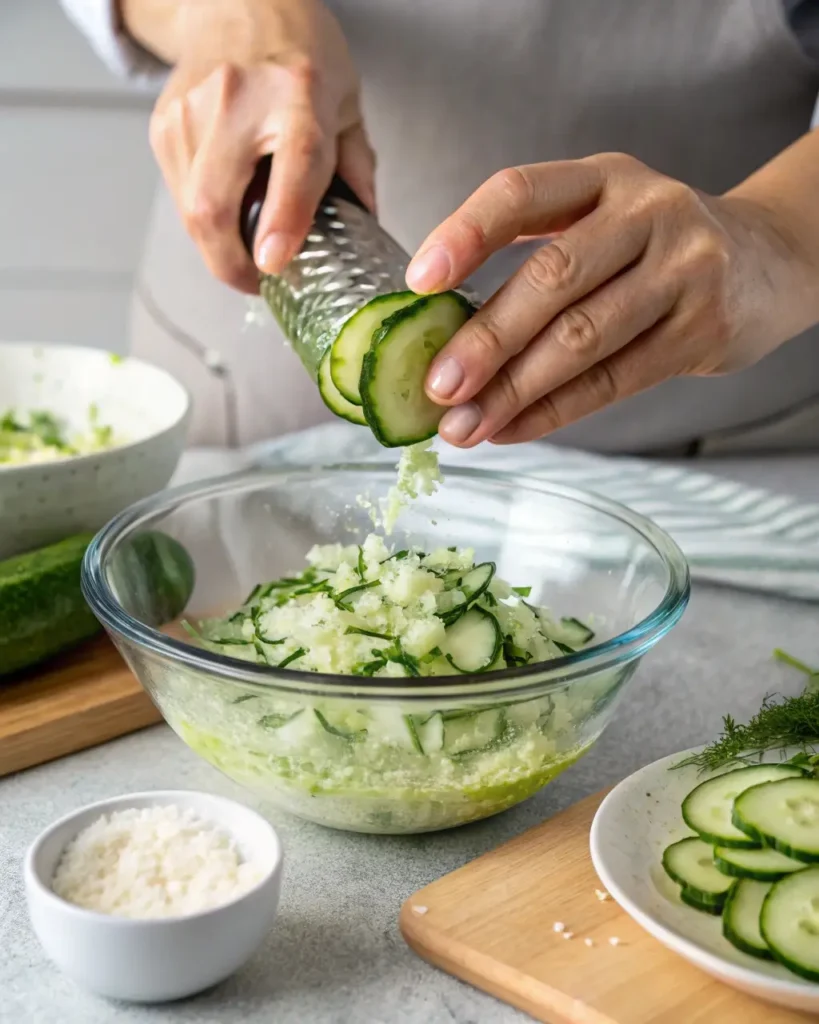 Grated cucumber being squeezed for tzatziki