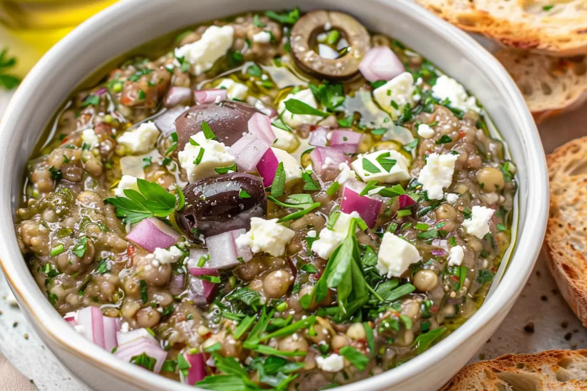 Greek Eggplant Dip with pita and olives