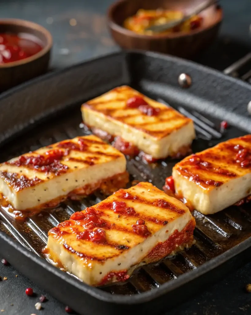 Halloumi cheese slices grilling with sweet chili glaze