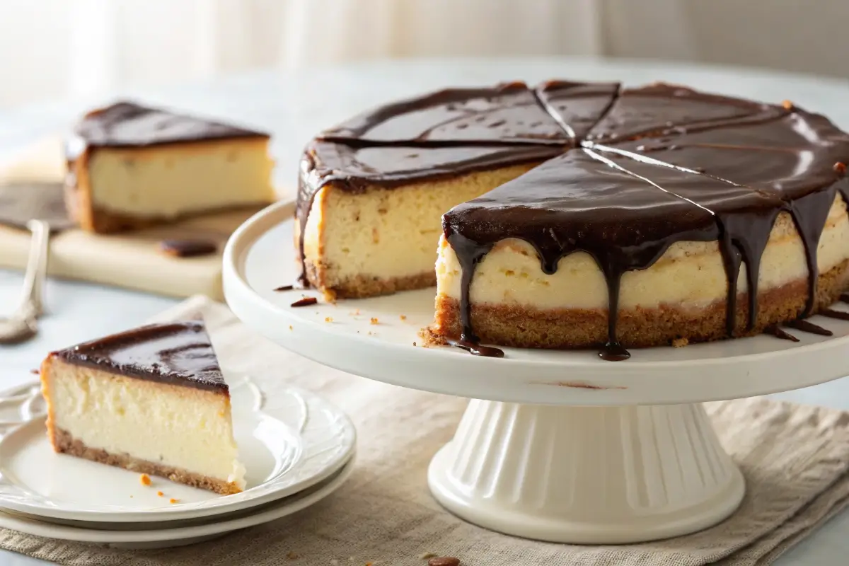 Heavenly Boston Cream Pie Cheesecake on cake stand
