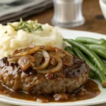 Homemade Salisbury steak recipe served with mashed potatoes and gravy