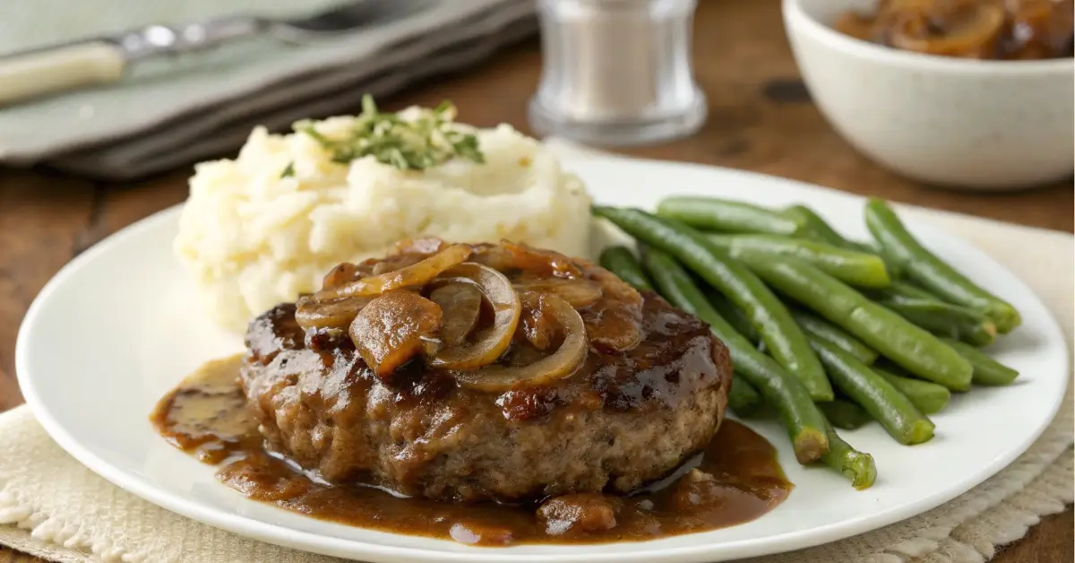 Homemade Salisbury steak recipe served with mashed potatoes and gravy