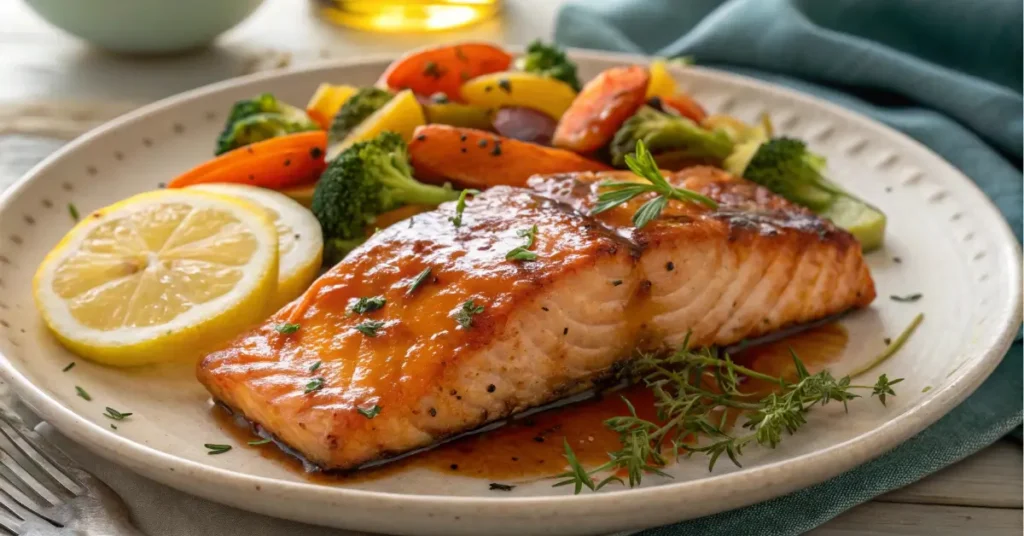 Honey garlic glazed salmon dinner with vegetables