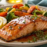Honey garlic glazed salmon dinner with vegetables