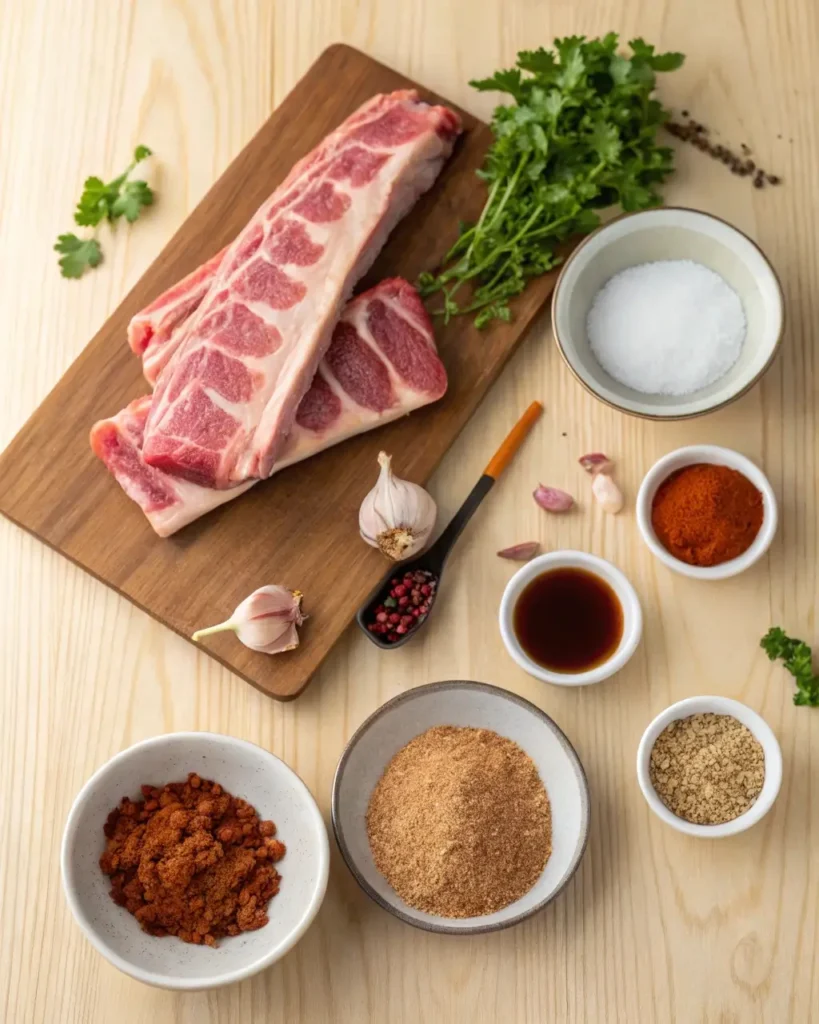 Ingredients for air fryer ribs recipe including pork ribs and spices