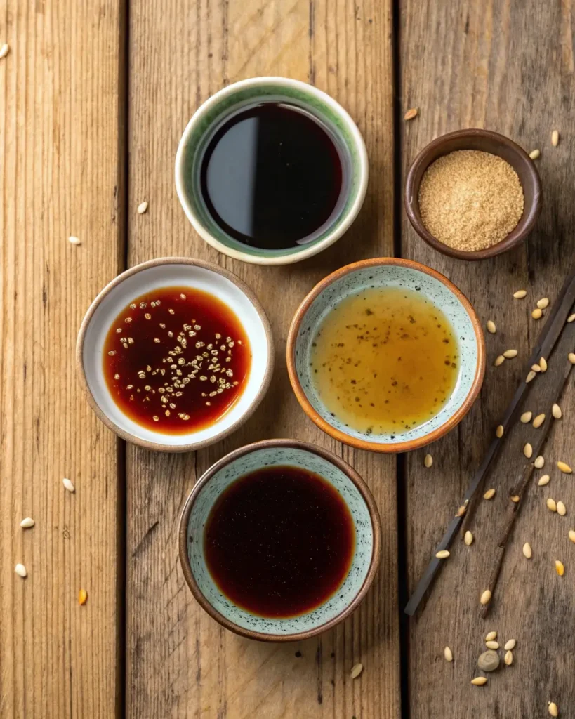 Ingredients for beef ho fun sauce including soy sauces and wine