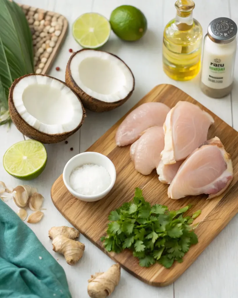 Ingredients for coconut lime chicken recipe on a cutting board