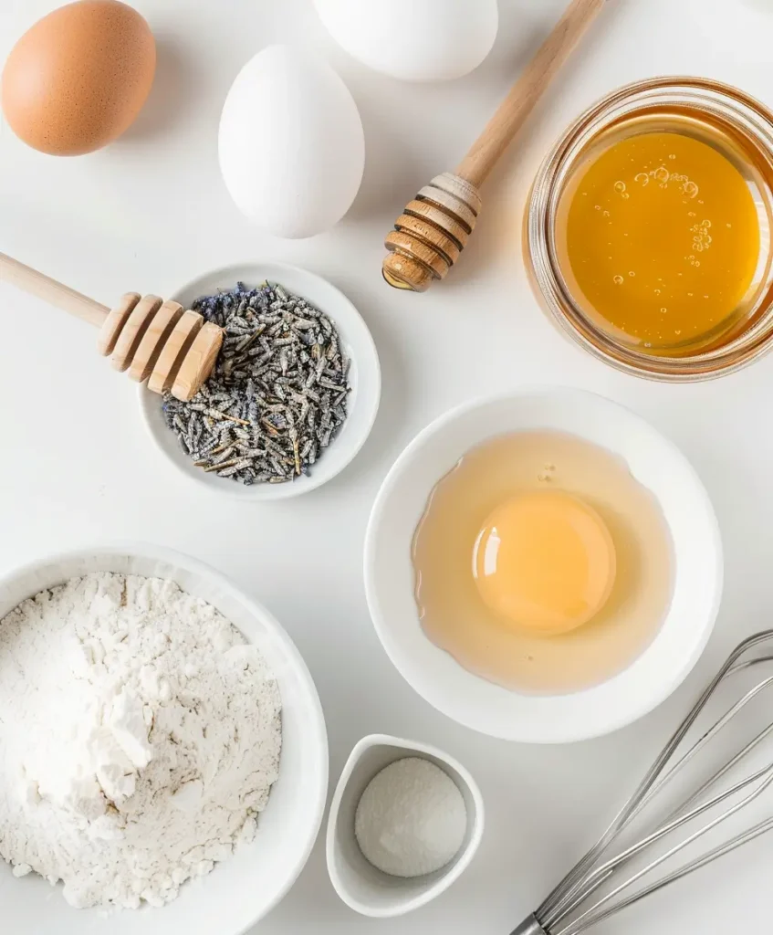 Ingredients for lavender honey cupcakes including honey, lavender buds, flour, eggs, and butter on white surface