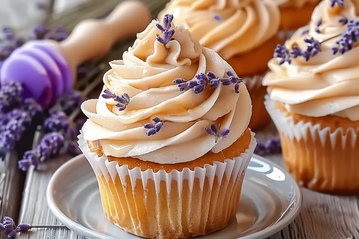Lavender honey cupcakes with floral honey drizzle on rustic tray