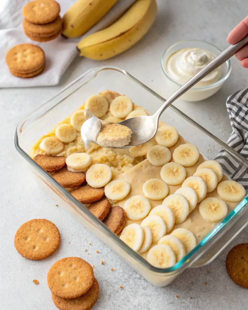 Layering banana pudding with Chessman cookies