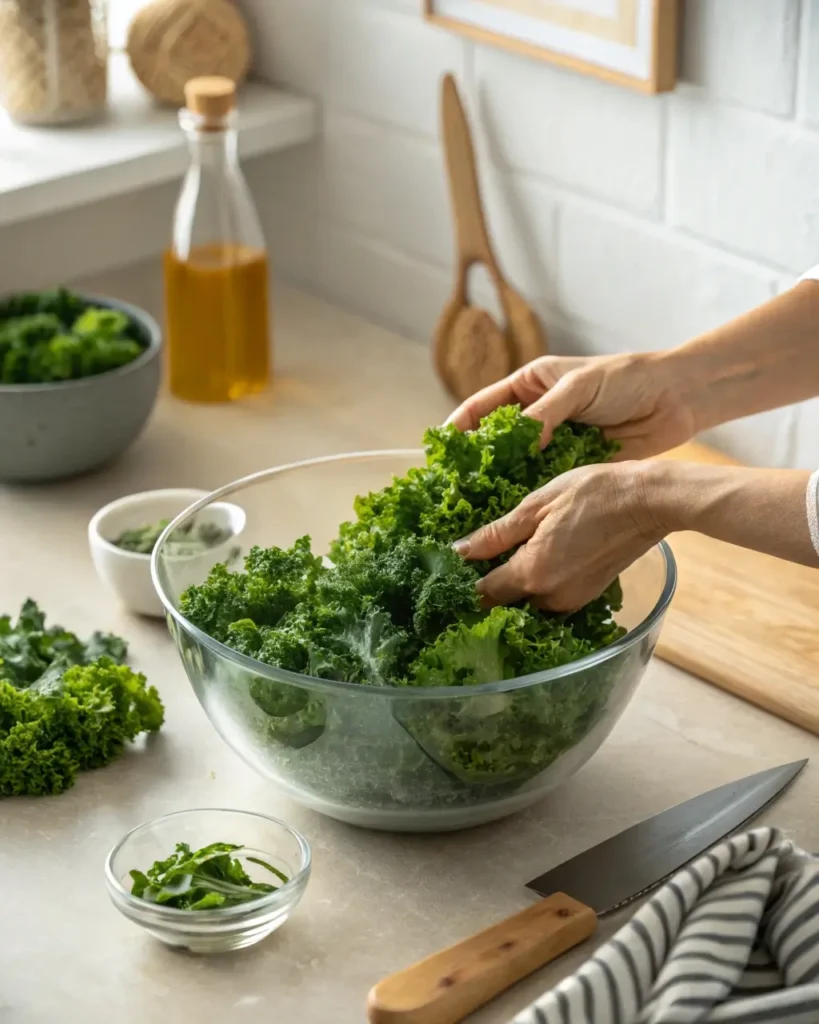 Massaging kale for Kale Crunch Salad Chick-Fil-A Copycat