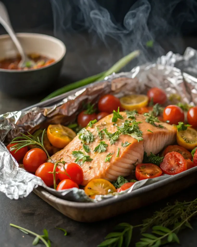 Mediterranean salmon baked with herbs and tomatoes