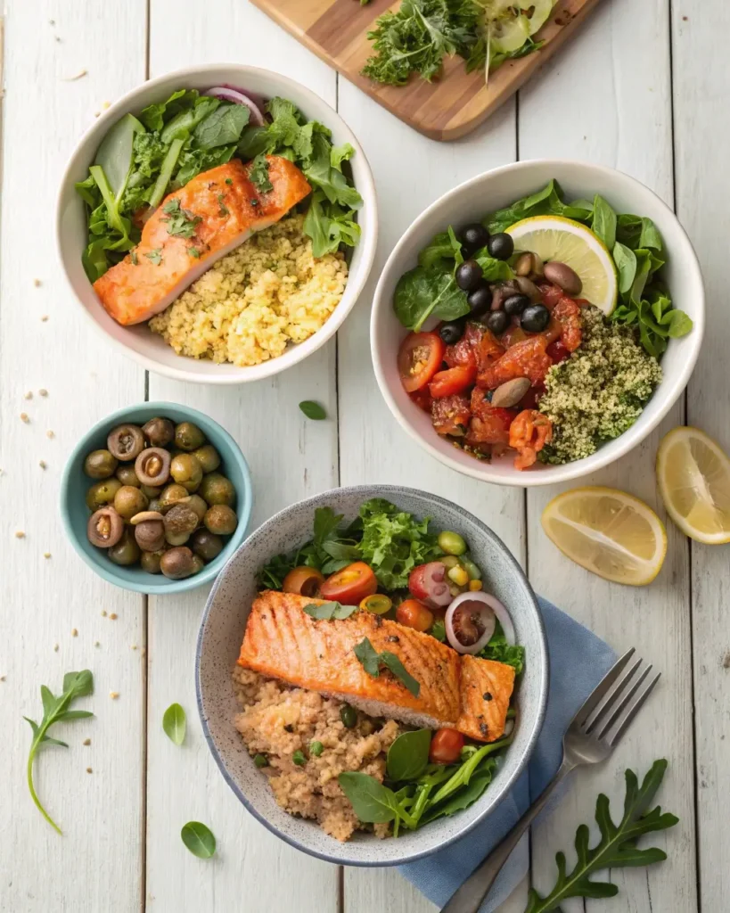 Mediterranean salmon bowls with healthy toppings
