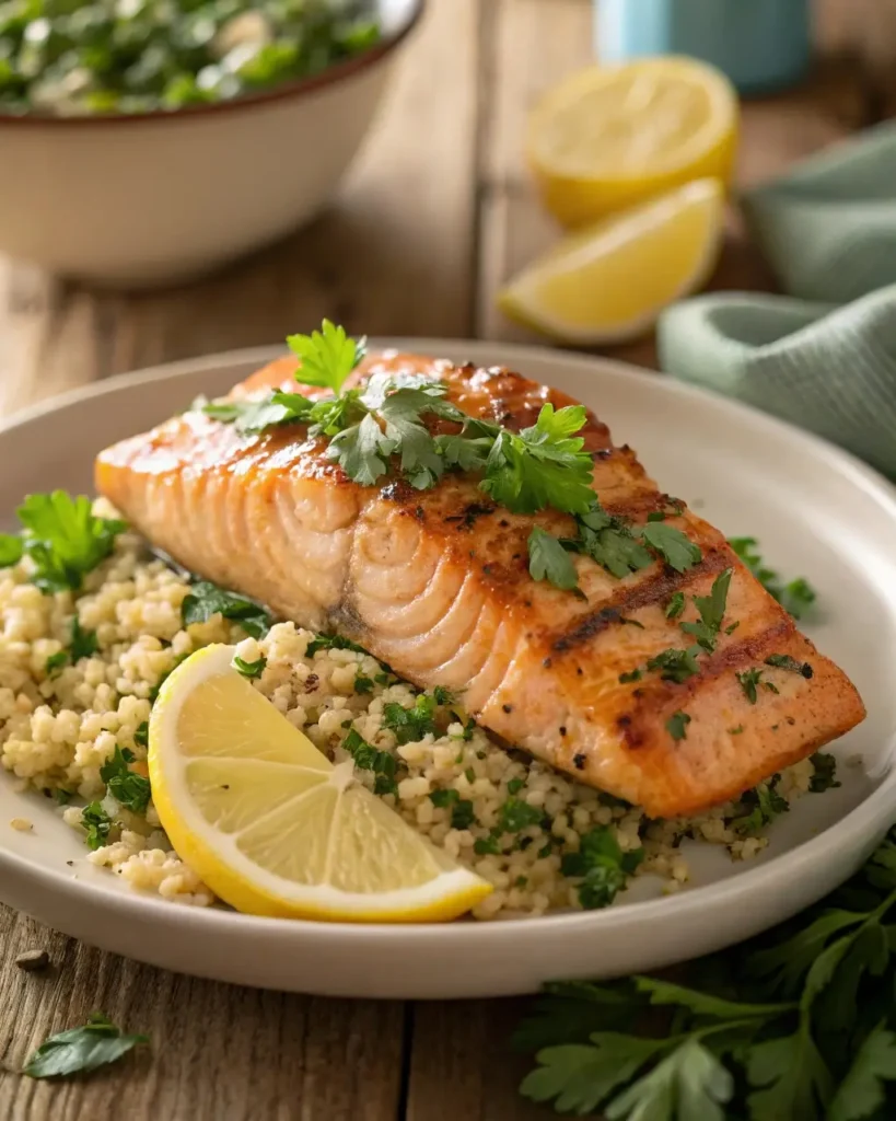 Mediterranean salmon served with quinoa and lemon