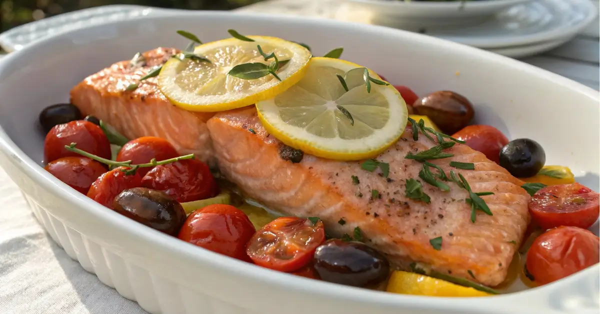 Mediterranean salmon with tomatoes and olives
