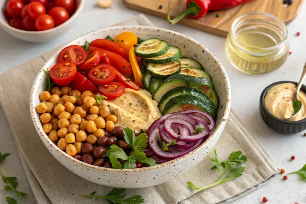 Mediterranean veggie bowl with fresh vegetables and feta