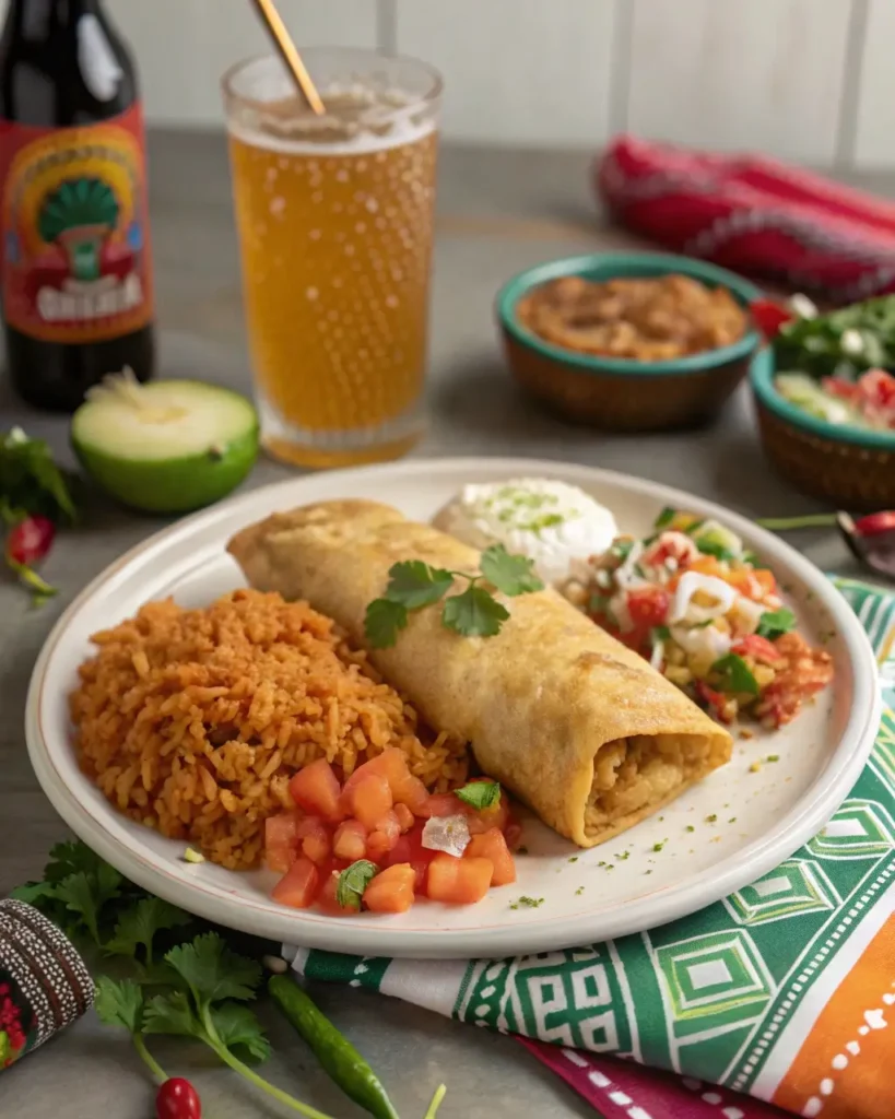 Mexican food chimichanga with sides
