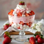 Mini jars of Easy Strawberry Fluff garnished with strawberries
