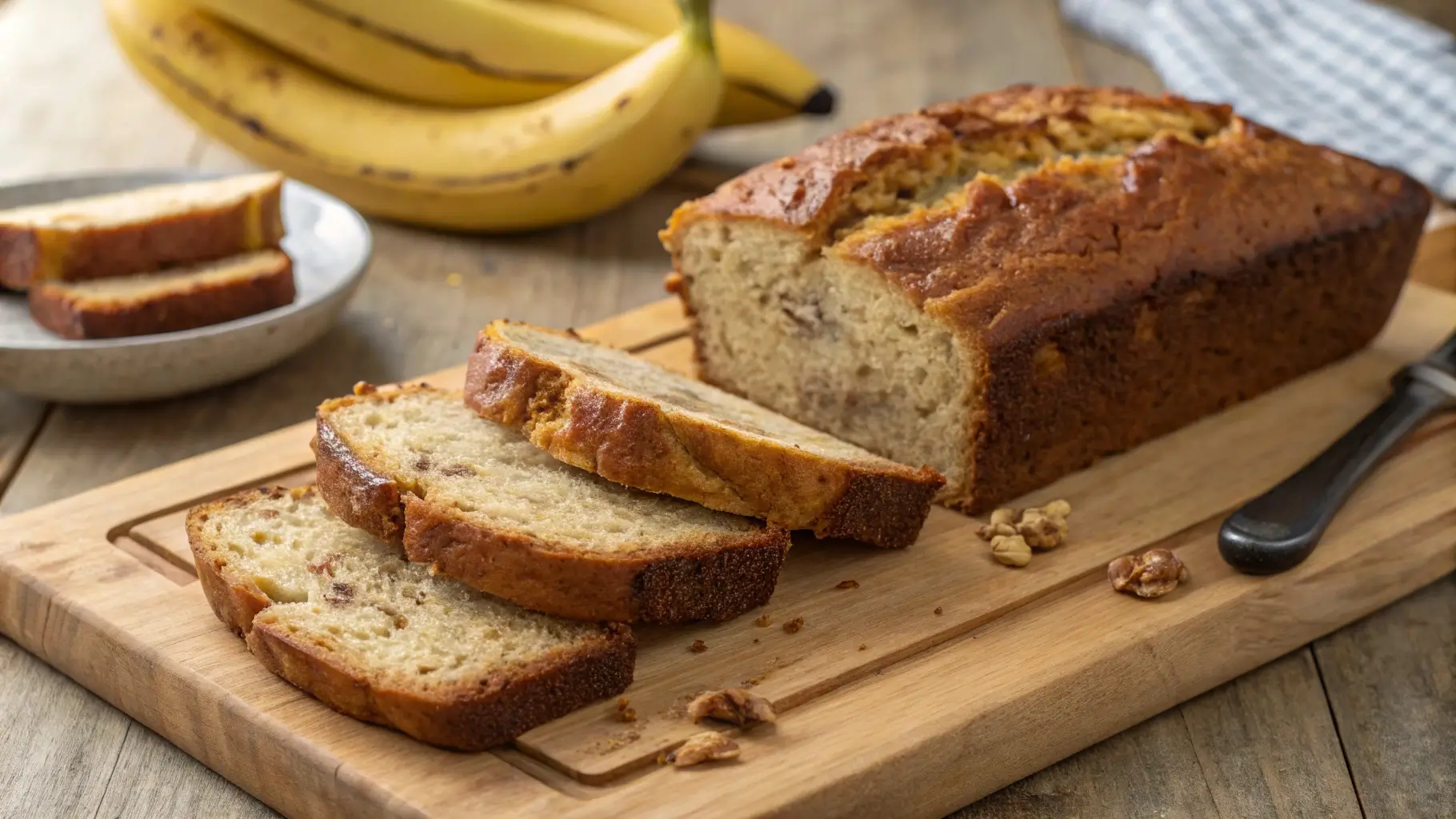 Moist banana bread with cake mix on a cutting board