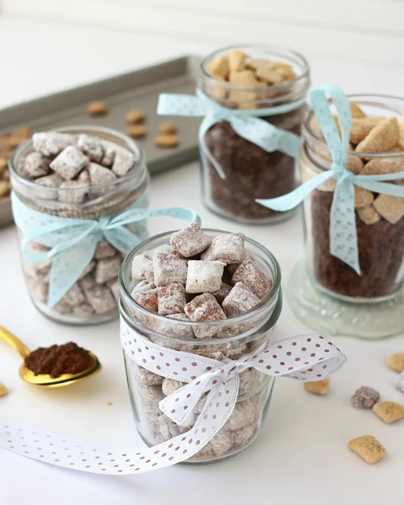 Muddy buddies in gift bags and jars for parties