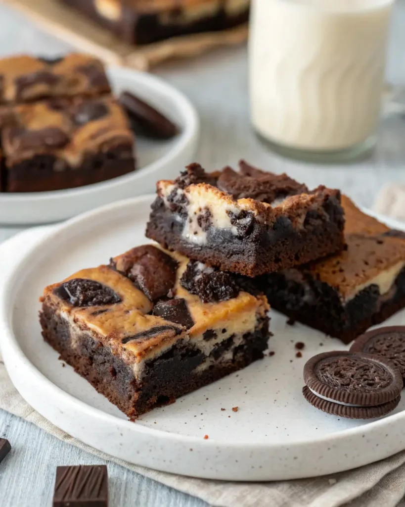 Oreo cheesecake brownies with visible marbled swirl and crushed cookie topping