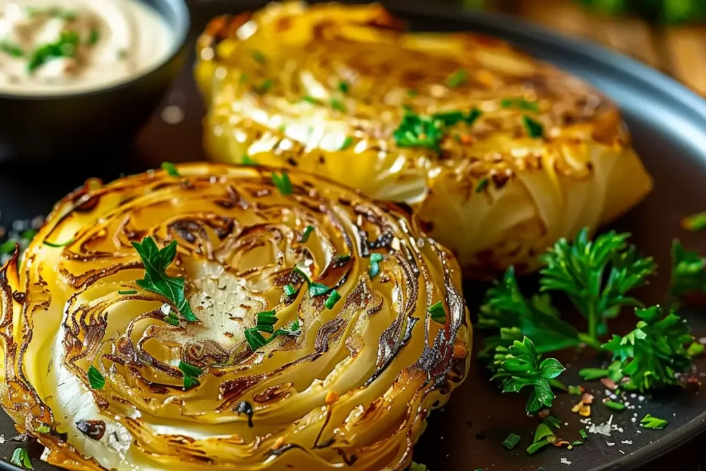 Oven roasted garlic cabbage steaks fresh from the oven