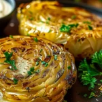 Oven roasted garlic cabbage steaks fresh from the oven