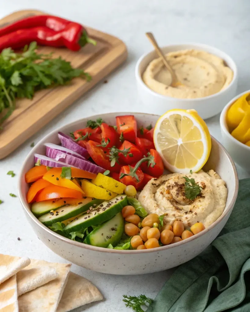 Plated Mediterranean veggie bowl with pita