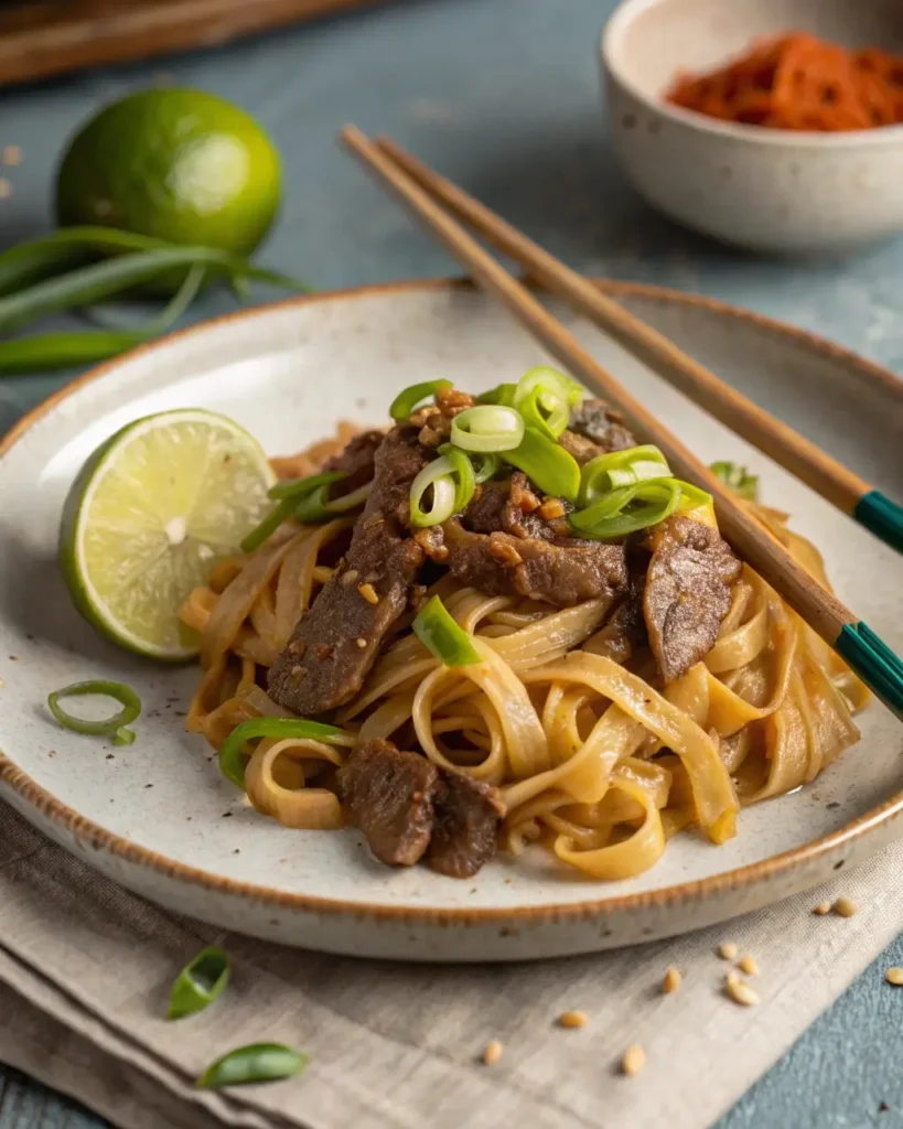 Plated beef ho fun with scallions and garnish