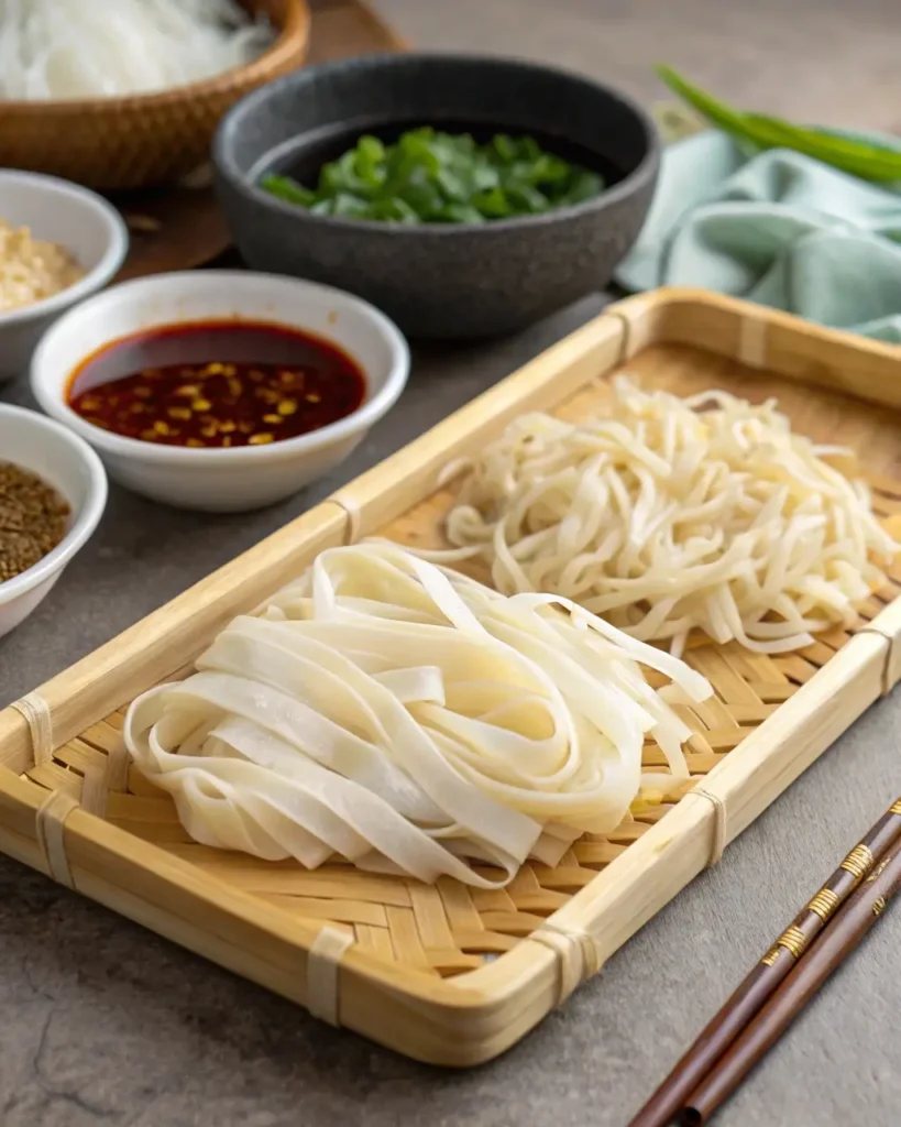 Raw ho fun noodles with sauces and garlic on a tray
