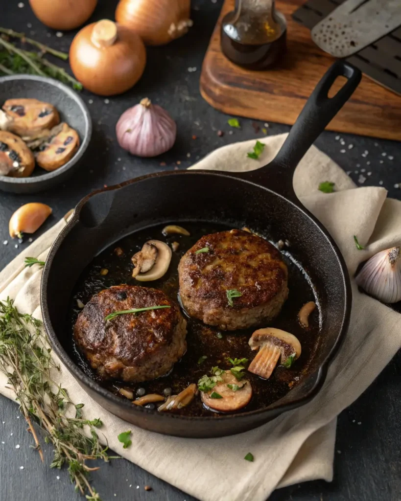 Salisbury steak cooking in cast iron skillet