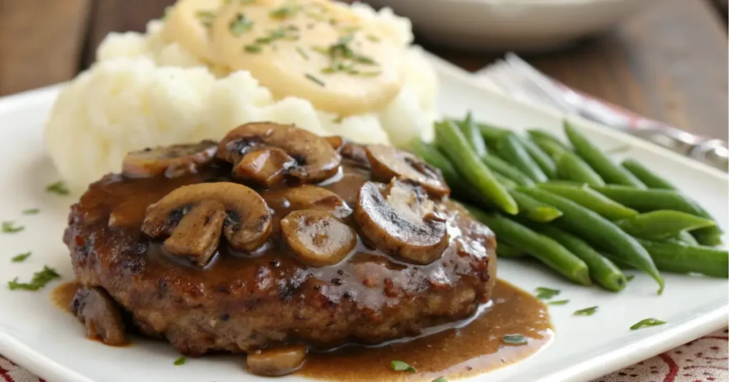 Salisbury steak with brown gravy and mashed potatoes