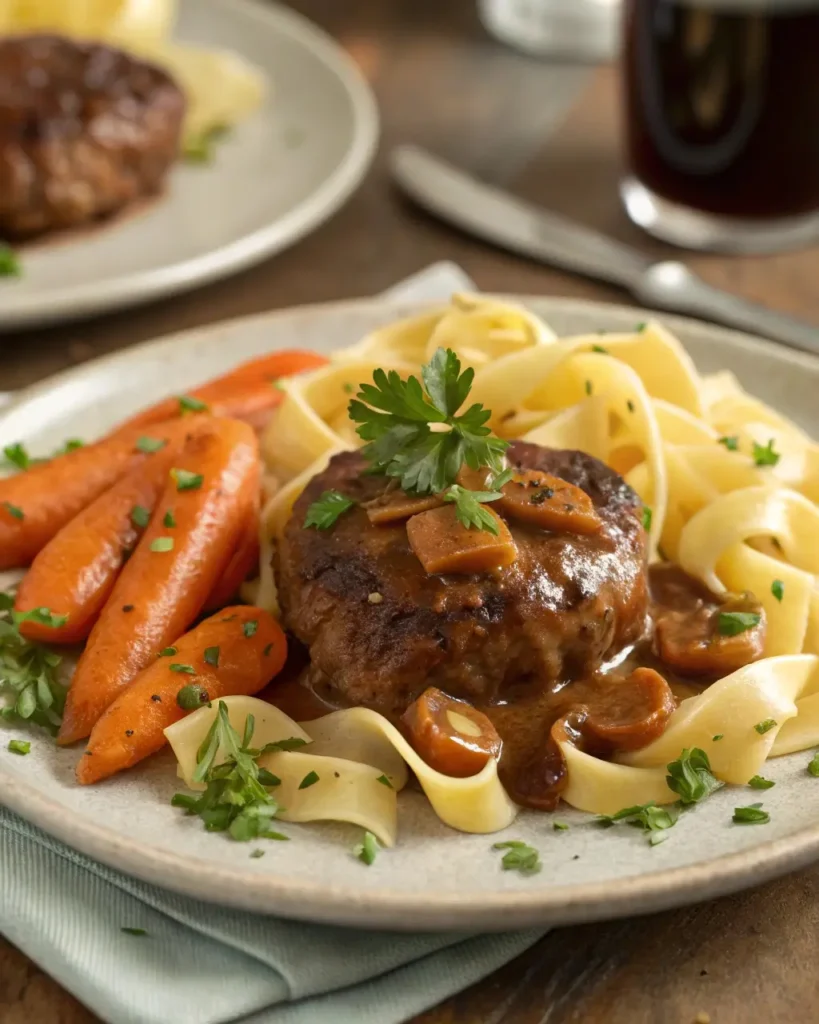 Salisbury steak with egg noodles and carrots