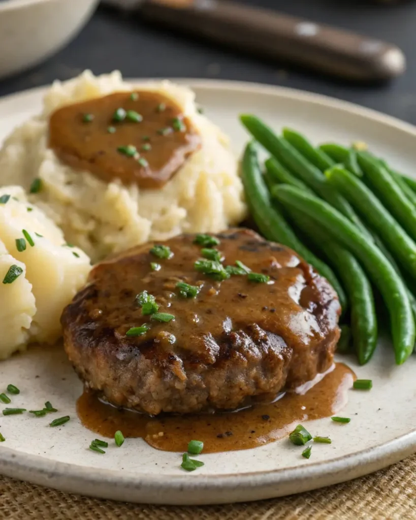 Salisbury steak with mashed potatoes and vegetables