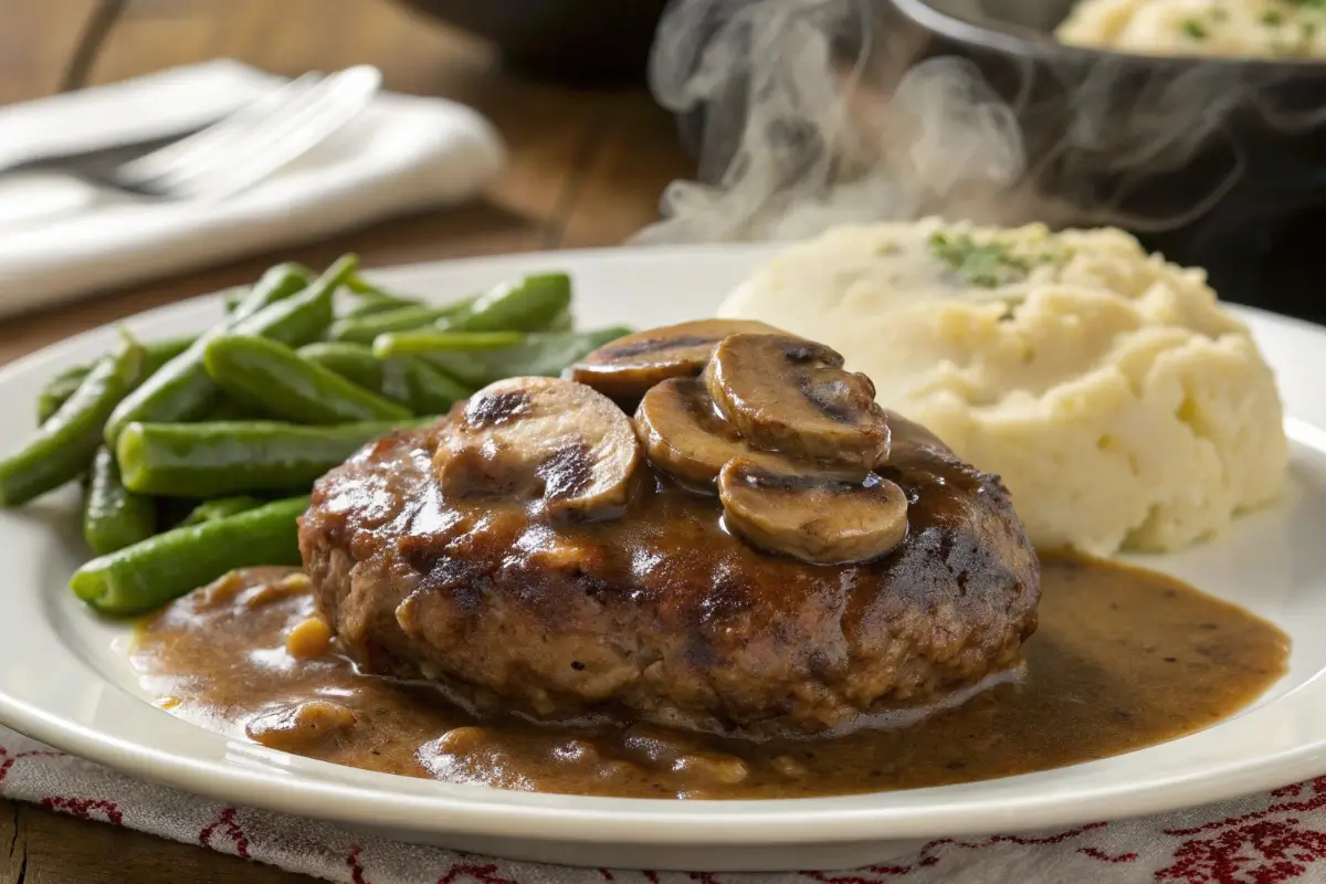 Salisbury steak with mushroom gravy served with mashed potatoes