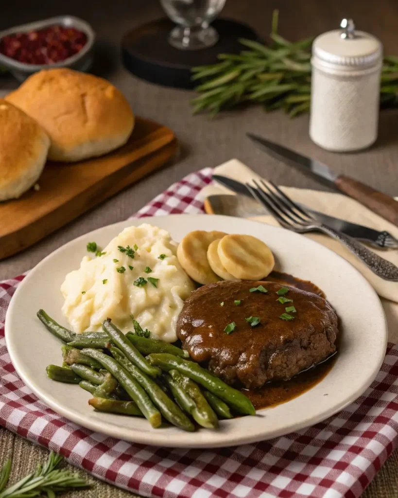 Salisbury steak with sides – mashed potatoes and green beans