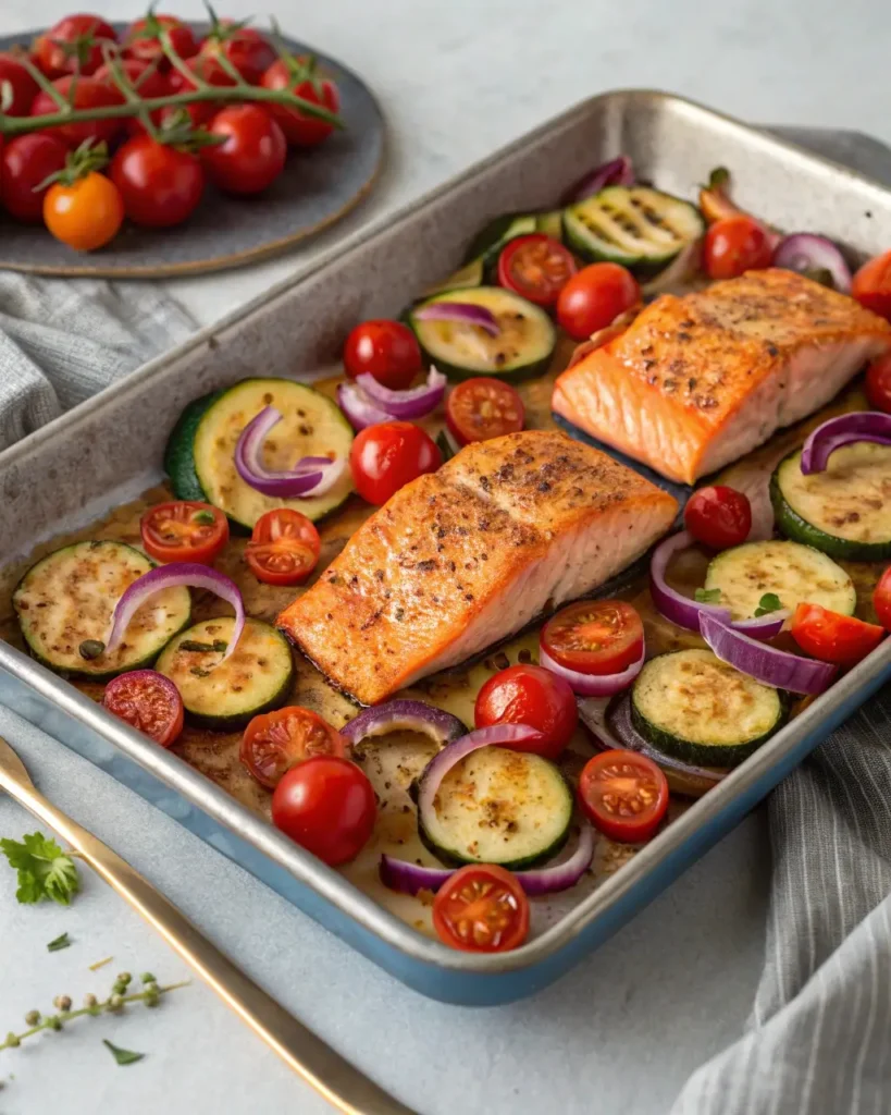 Salmon sheet pan dinner with veggies