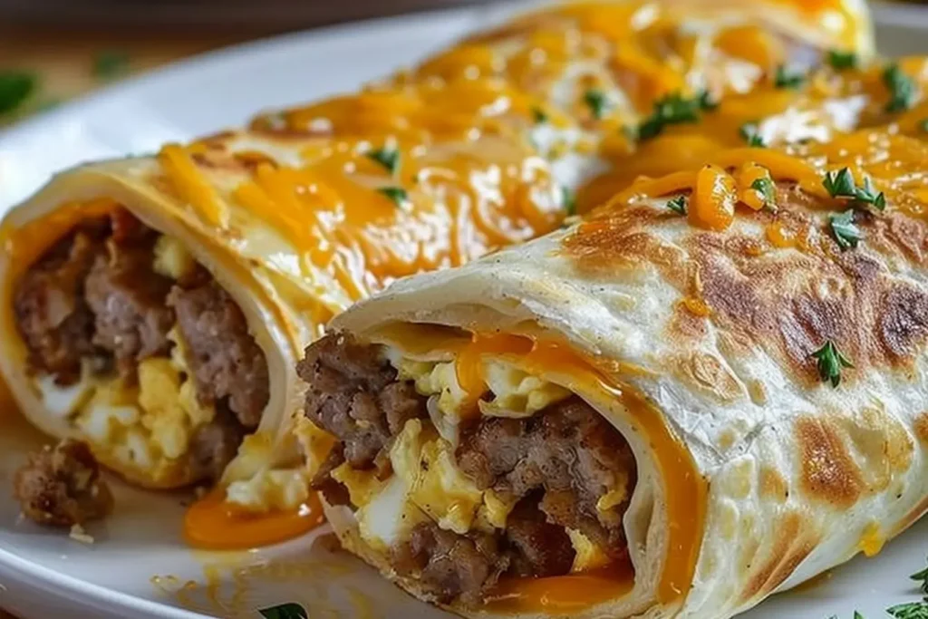 Sausage Egg and Cheese Breakfast Roll-Ups on a white plate